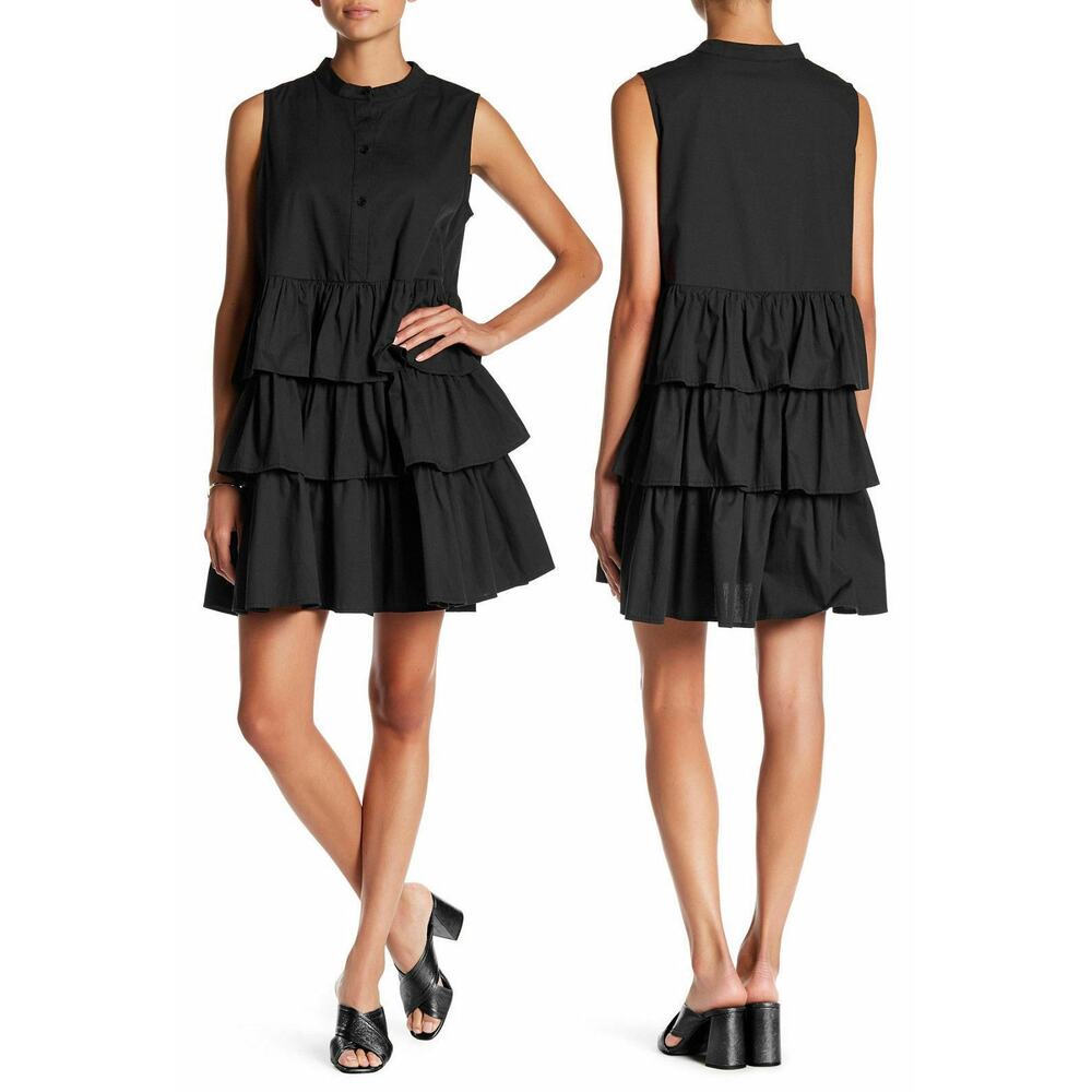TOV Tiered Dress Black 100% Cotton Layered Button Sleeveless 6 M Dark Academia